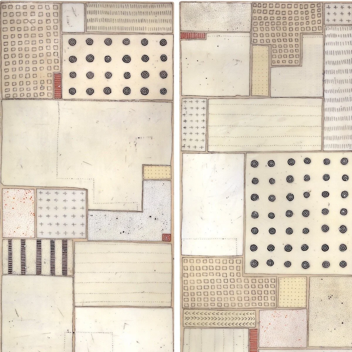 Mixed media, collage, and encaustic original artwork on panel featuring abstract geometric design in black, and neutrals by Athena Petra Tasiopoulos for Soapbox Arts Gallery