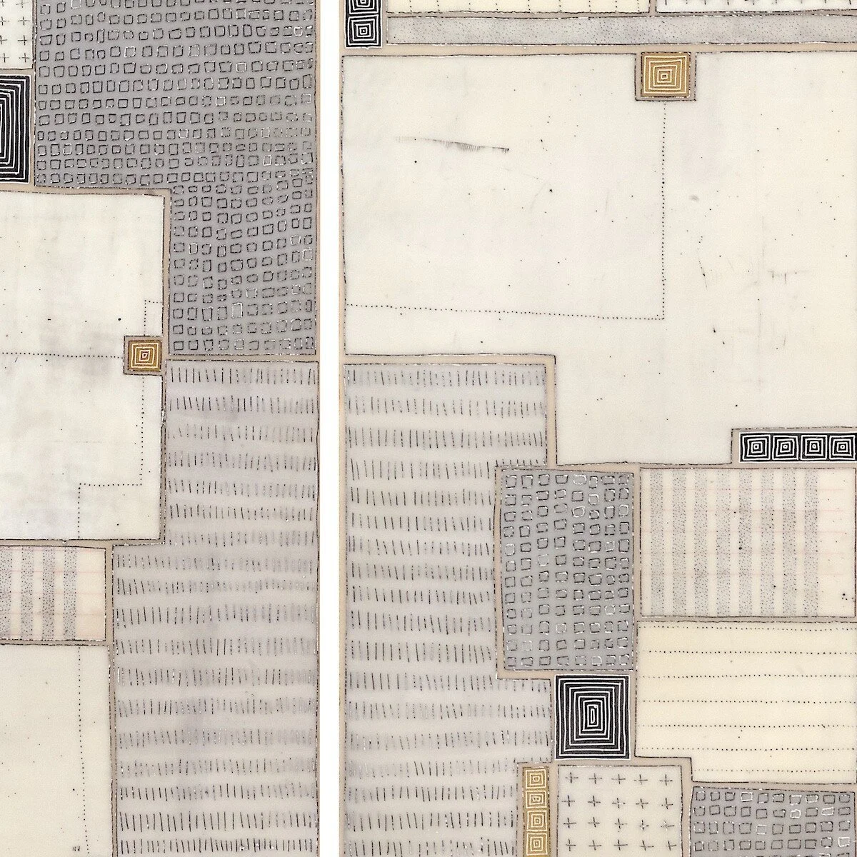 Mixed media, collage, and encaustic original artwork on panel featuring abstract geometric design in black, and neutrals by Athena Petra Tasiopoulos for Soapbox Arts Gallery