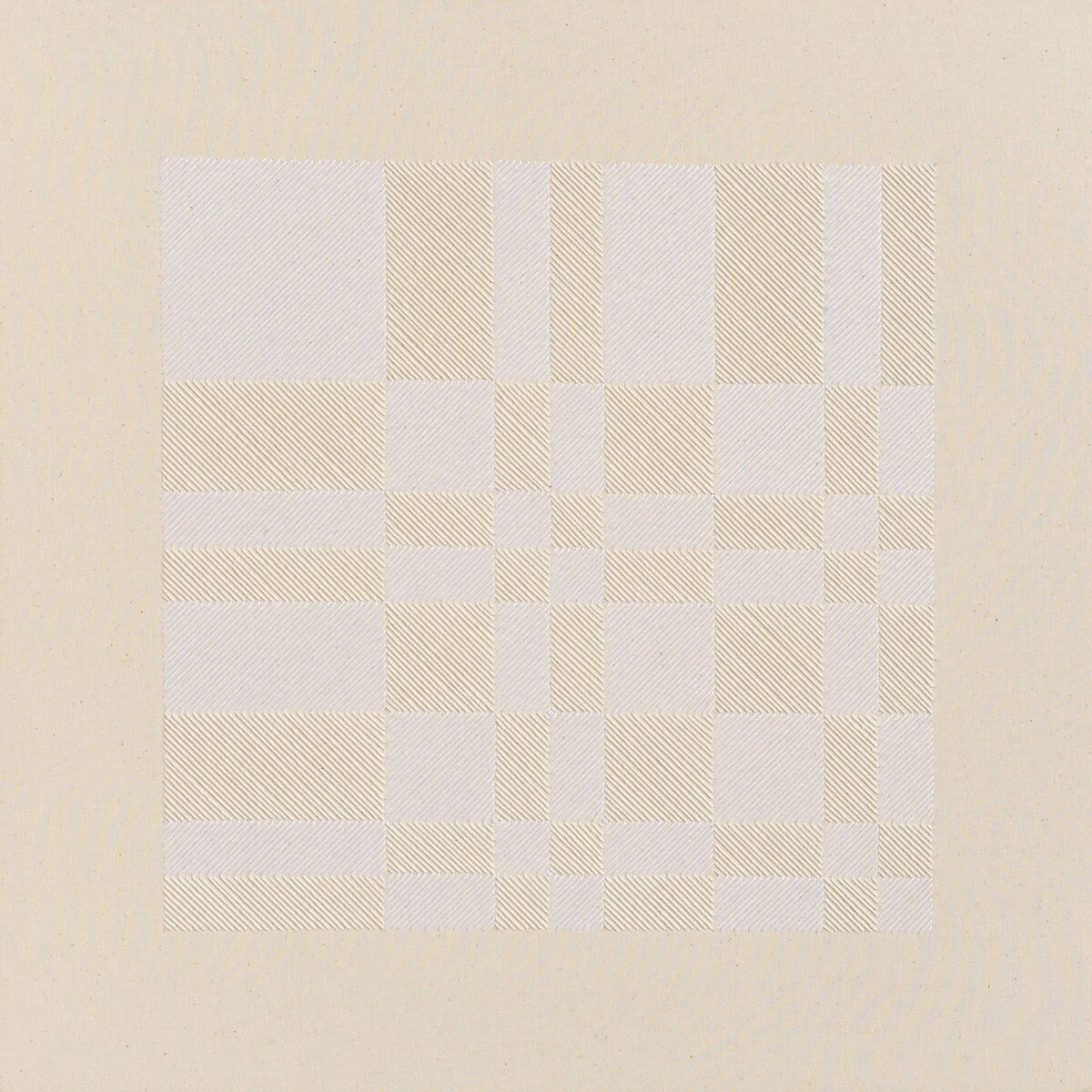 hand embroidered artwork with white thread on cotton canvas in geometric patterns by Alice Wiese for Soapbox Arts Gallery in Burlington, Vermont