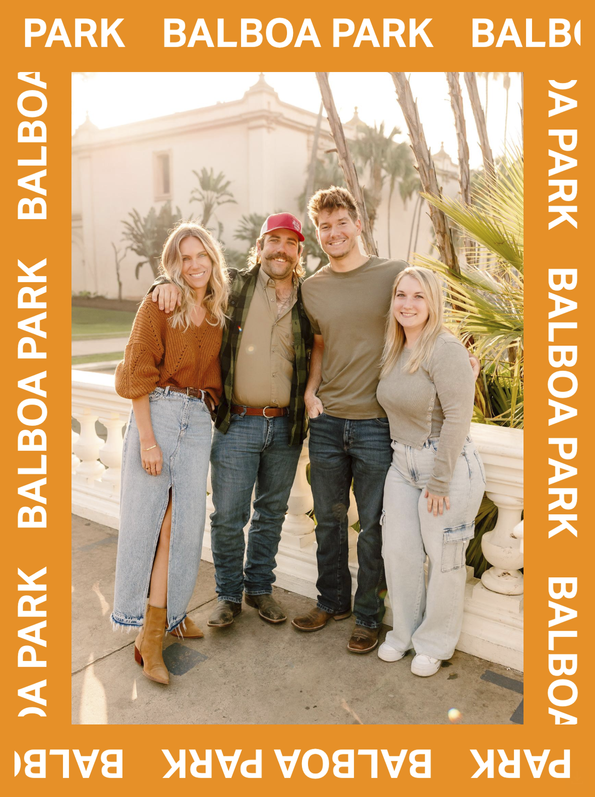 Four adult siblings standing together outside in front of a white building and palm trees, smiling, with an orange 'Balboa Park' border around the photo.