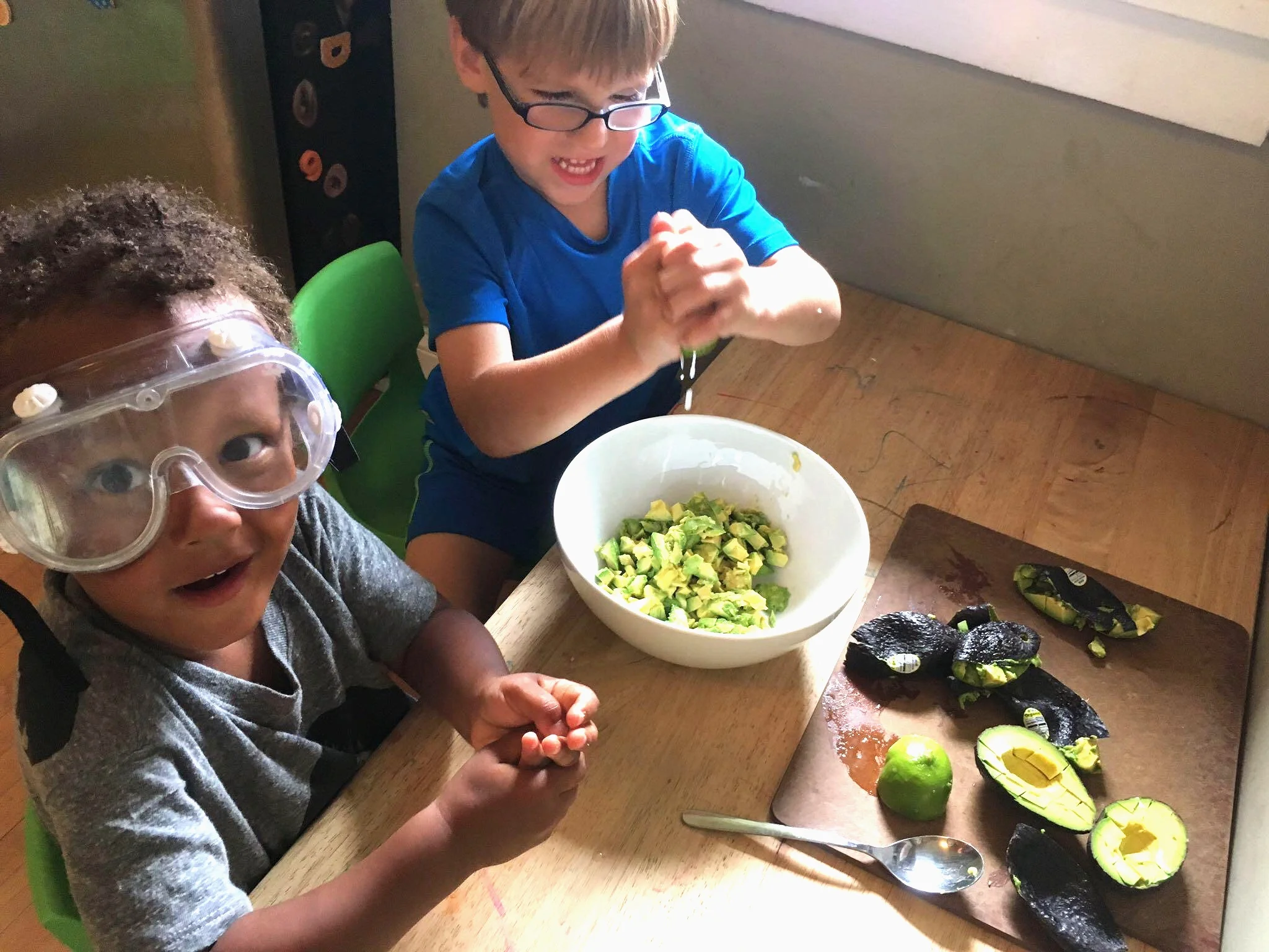 Safety first. OSHA certified guacamole preparation for an afternoon snack.
