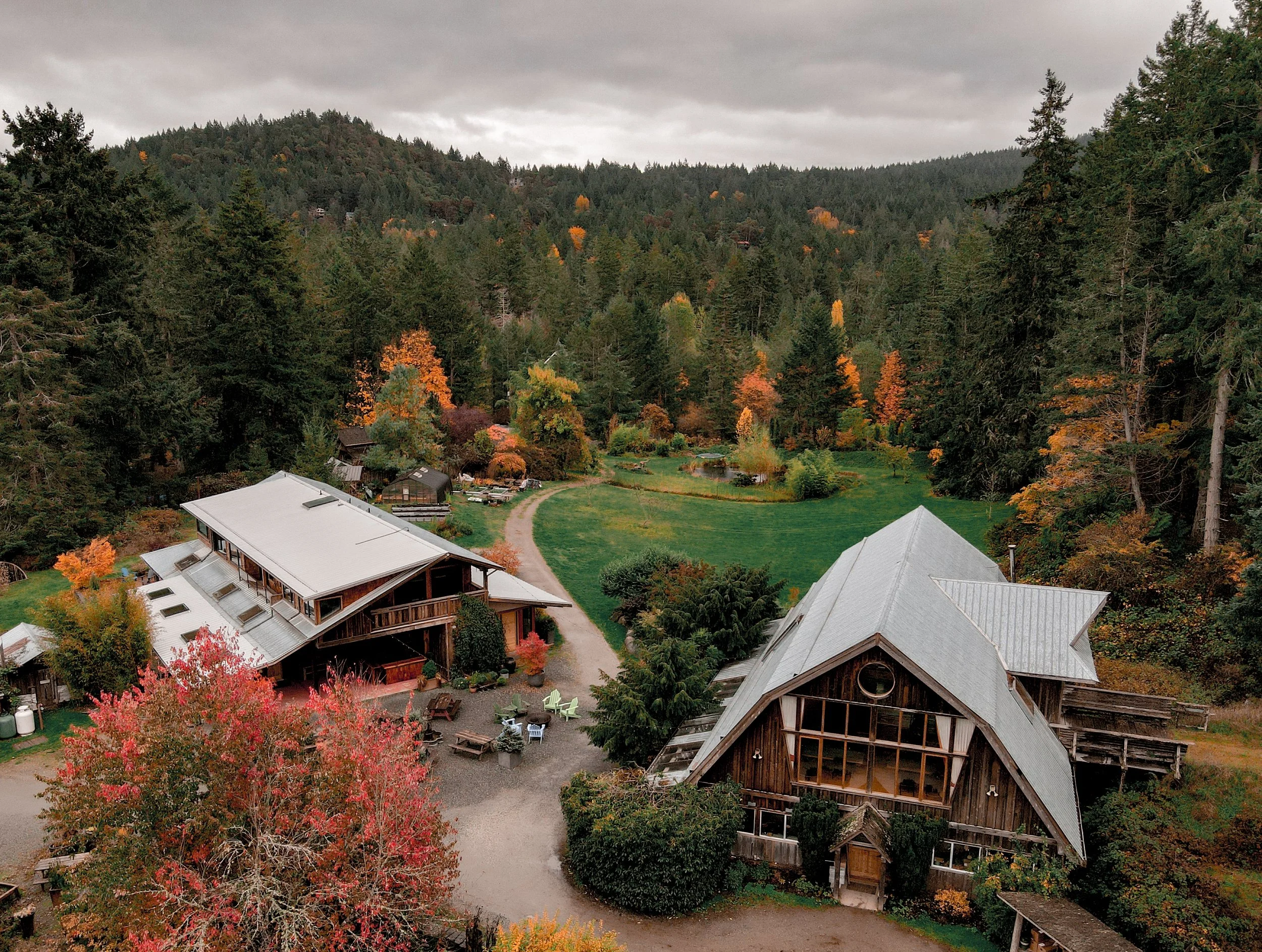 overhead photo of stowell lake yoga retreat buildings on salt spring island