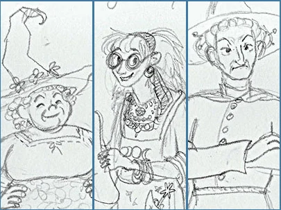 From left, Nanny Ogg, Magrat Garlick, and Granny Weatherwax; pencil sketch by me from 2014.
