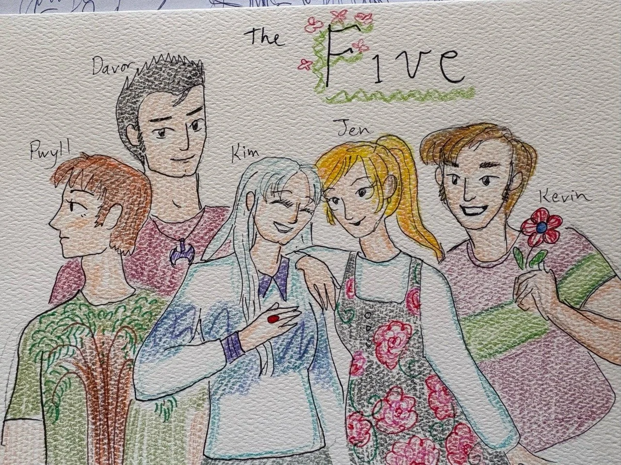 Hand drawn picture of the Five of Toronto, from L to R, Pwyll, Davor, Kim, Jen, and Kevin
