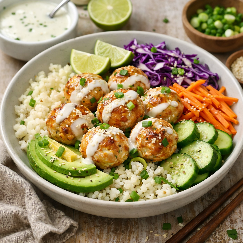 Coconut Lime Chicken Meatballs + Rainbow Veggie Bowls 🥥🍋