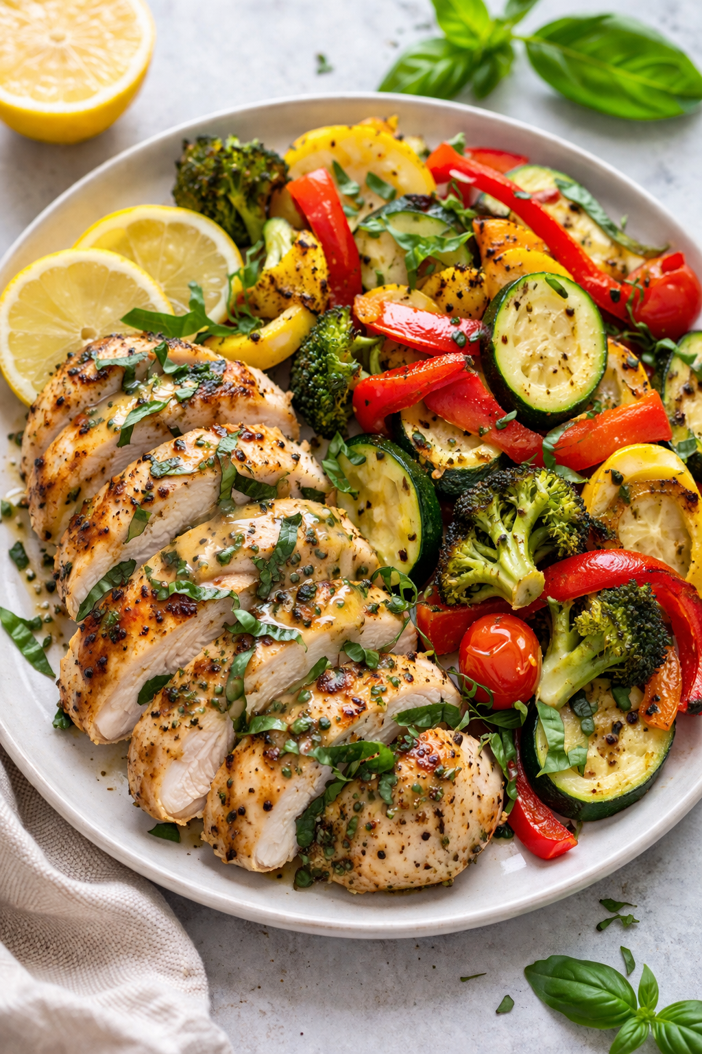 🍋🍗 Lemon Basil Chicken with Roasted Summer Veggies