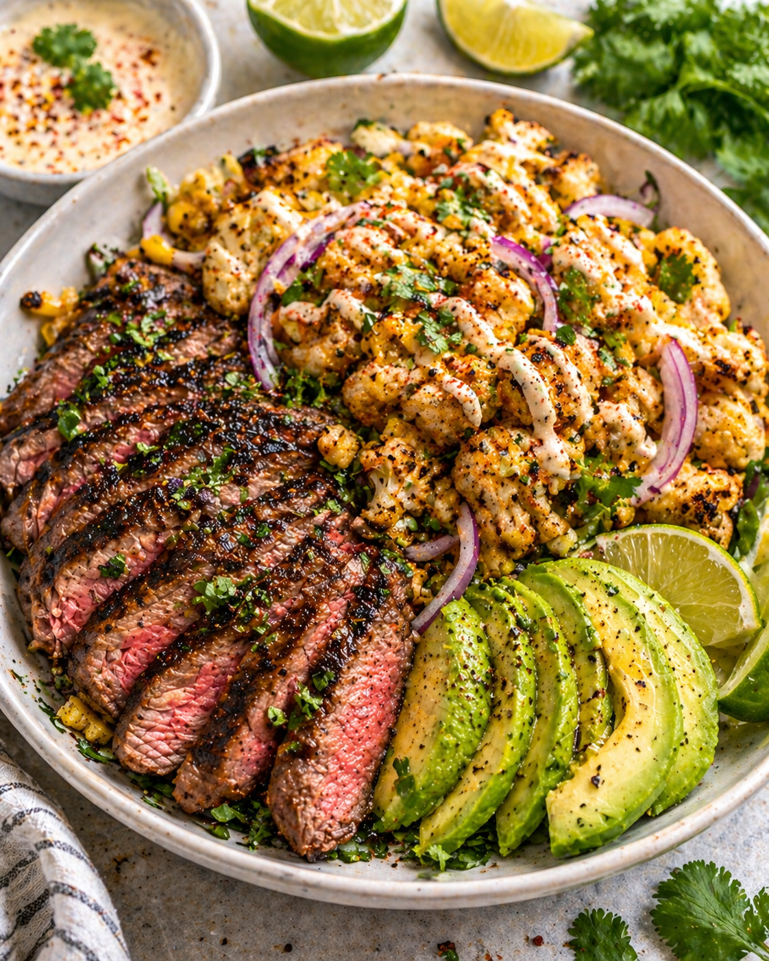 🥩🌽 Grilled Steak with Street Corn Cauliflower &amp; Avocado