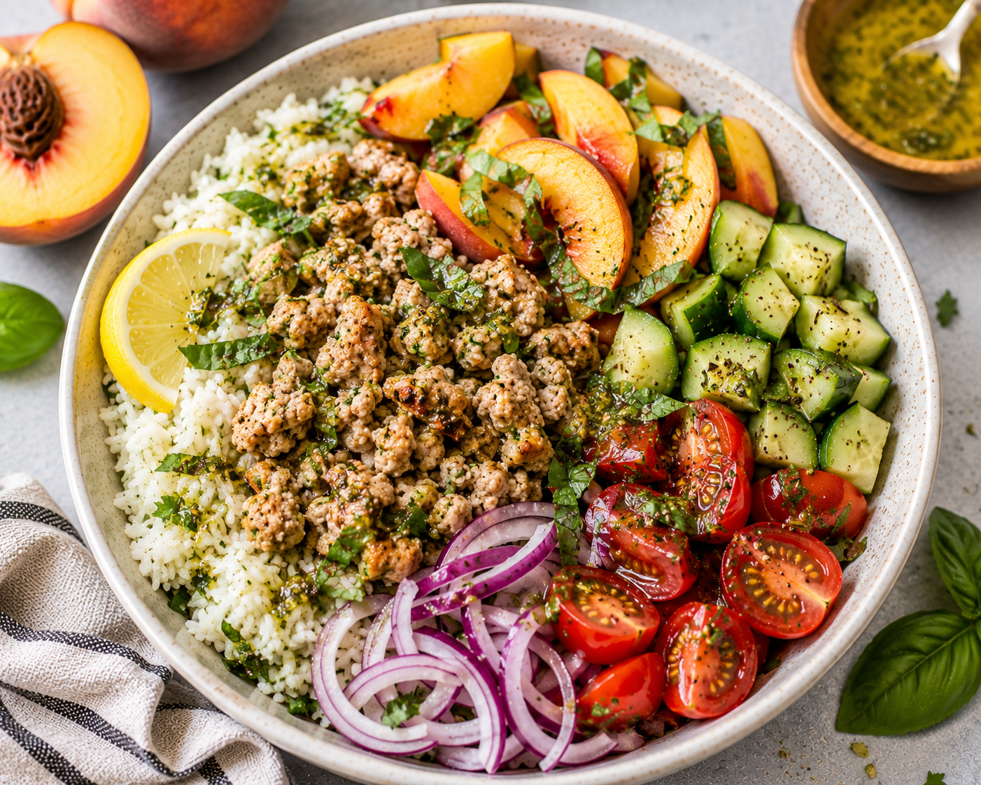 🍑🌿 Peach Basil Turkey Bowls with Lemon Herb Rice