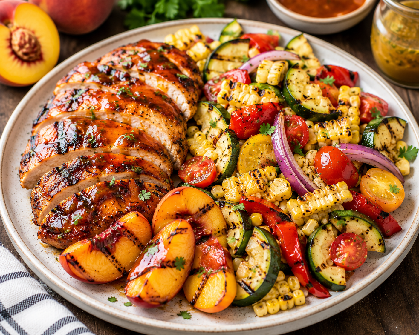 🍑🍗 Peach BBQ Chicken with Grilled Summer Vegetable Salad