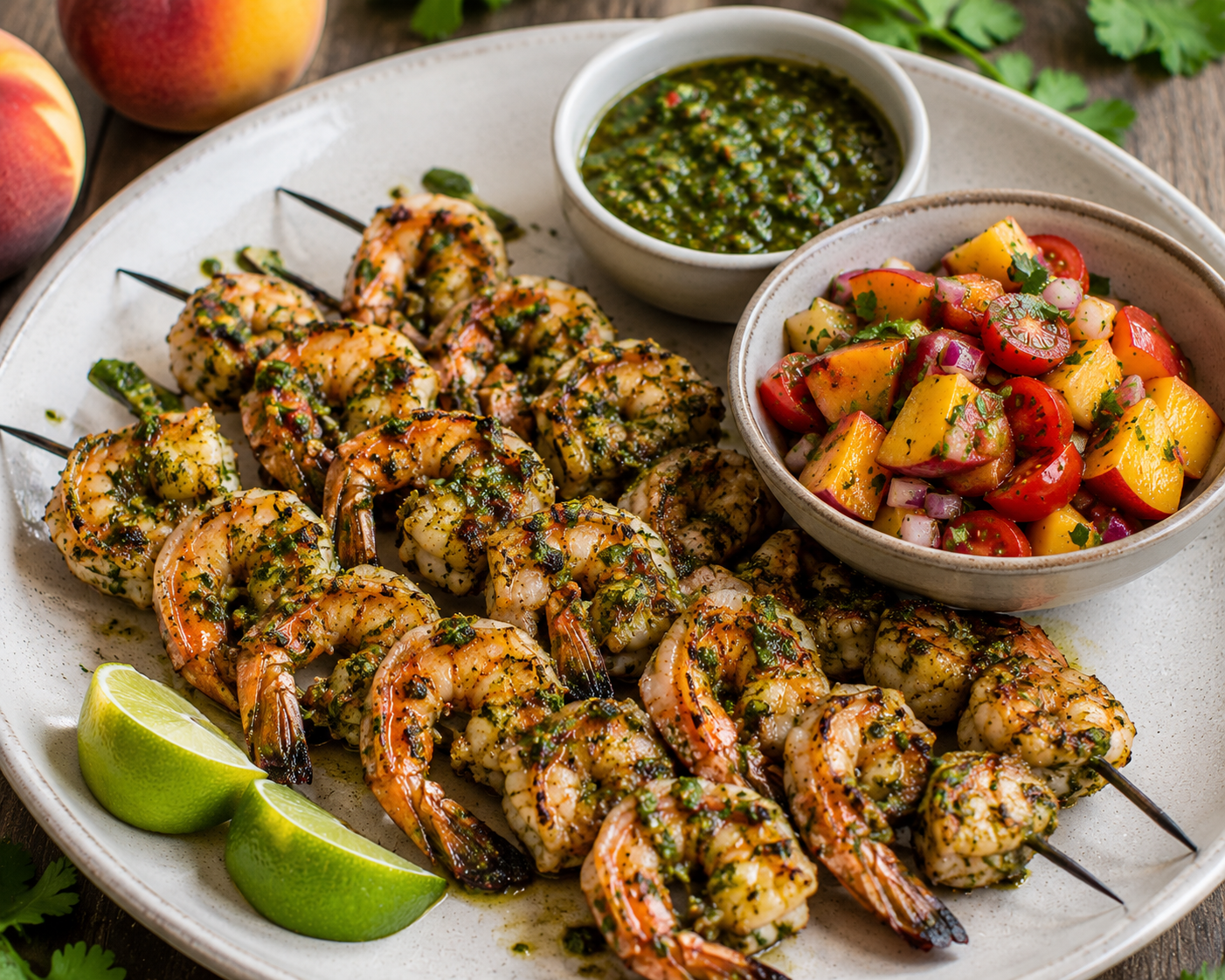 🍤🌿 Chimichurri Shrimp Skewers with Grilled Peach Salsa