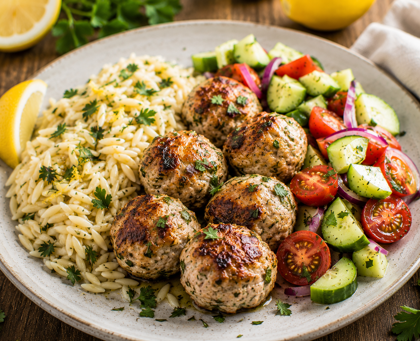 🌿🍋 Mediterranean Turkey Meatballs with Lemon Herb Orzo &amp; Cucumber Tomato Salad
