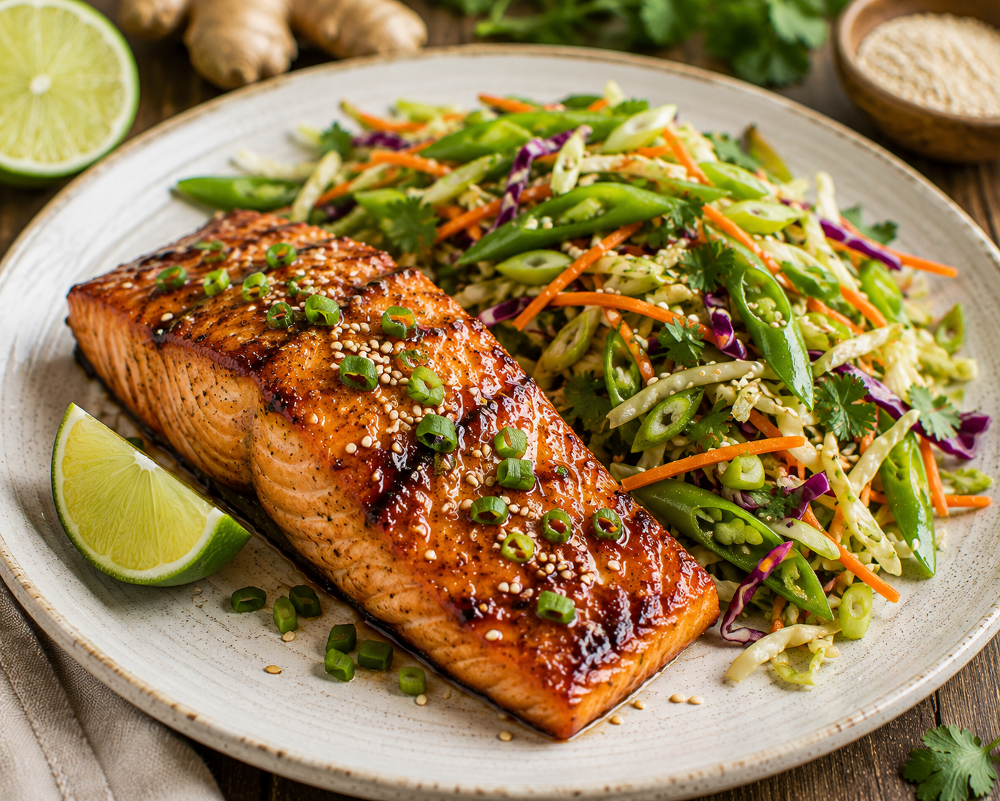 🍯🐟 Maple Ginger Salmon with Sesame Snap Pea Slaw