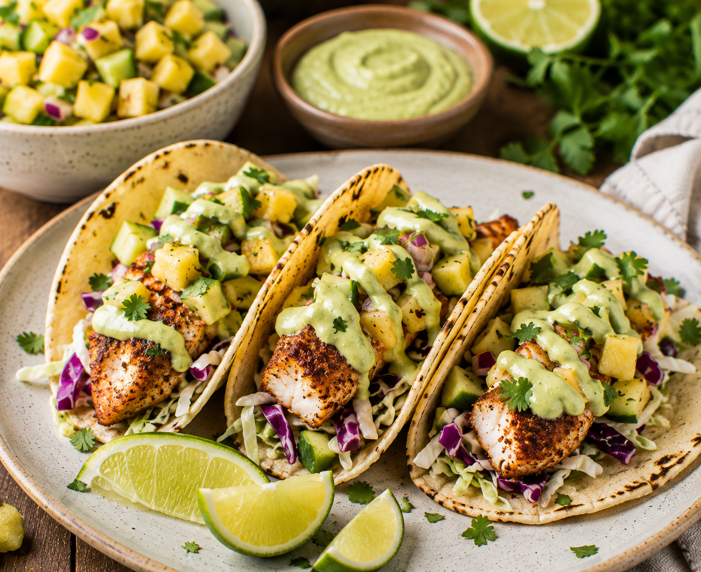 🌮🍍 Chili Lime Fish Tacos with Pineapple Cucumber Salsa & Avocado Crema