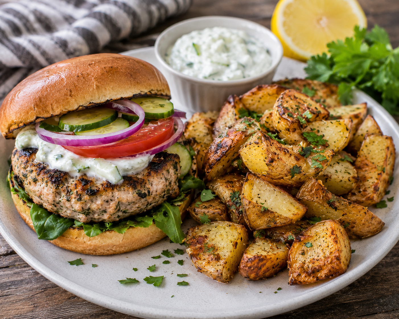 🍔🌿 Greek Turkey Burgers with Crispy Lemon Potatoes &amp; Creamy Dairy-Free Tzatziki