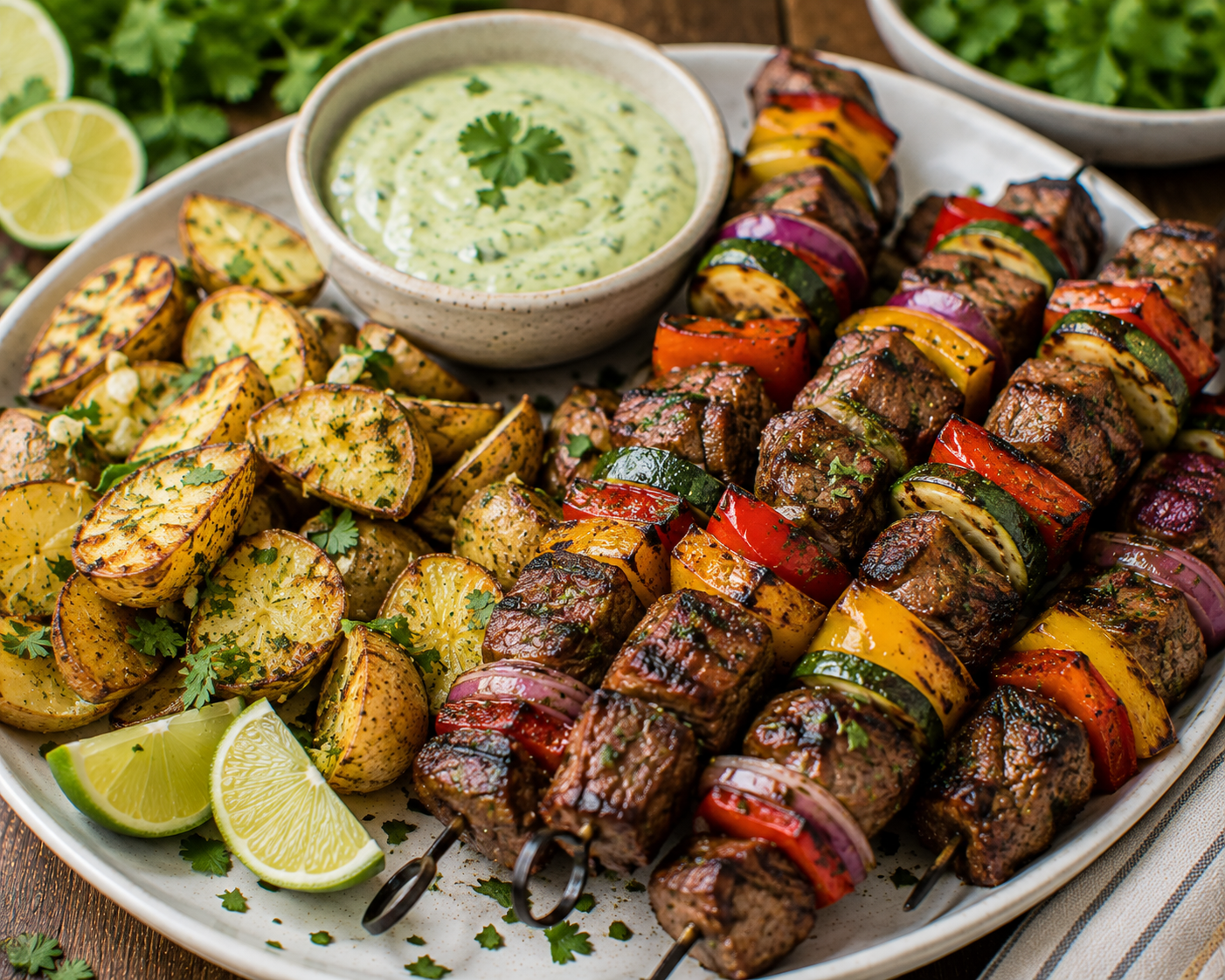 🥩🔥 Grilled Steak Kebabs with Garlic Herb Potatoes &amp; Creamy Cilantro-Lime Sauce