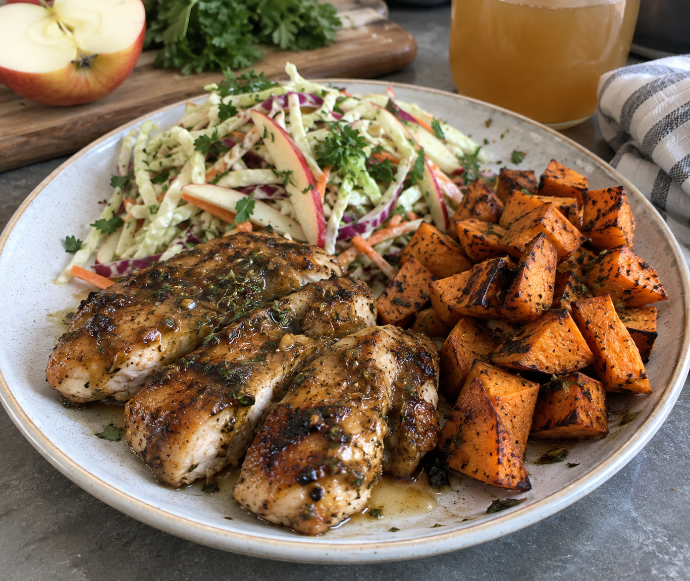 🍗🍎 Apple Cider Honey Chicken with Crispy Sweet Potatoes &amp; Herb Apple Slaw