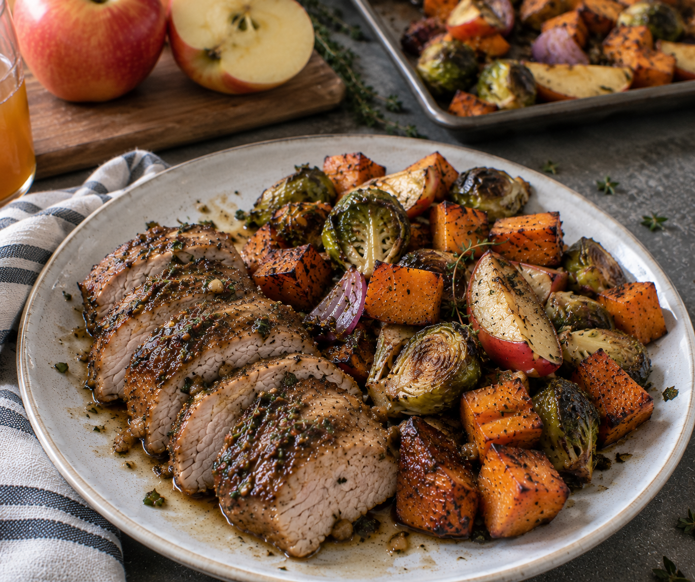 🍎🌿 Maple Dijon Pork Tenderloin with Roasted Apples, Brussels Sprouts &amp; Sweet Potatoes