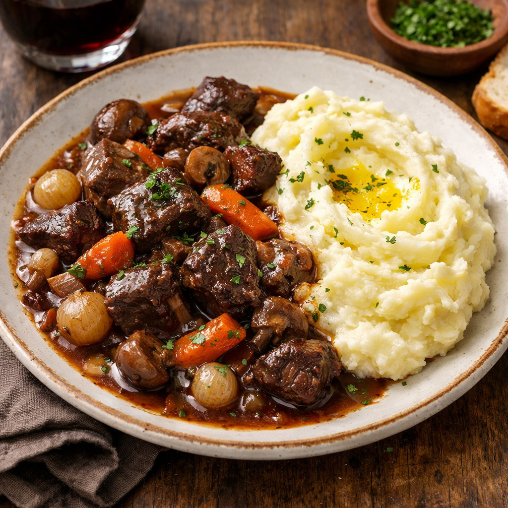 BEEF BOURGUIGNON WITH CREAMY MASHED POTATOES