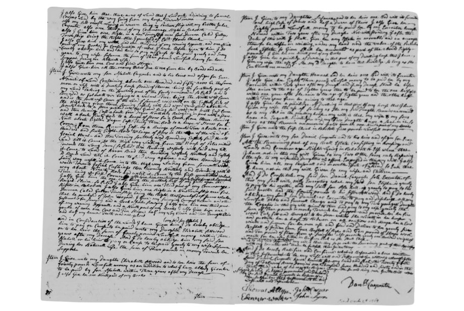 A portion of the will of Daniel Carpenter, leaving this property to his son Asahel