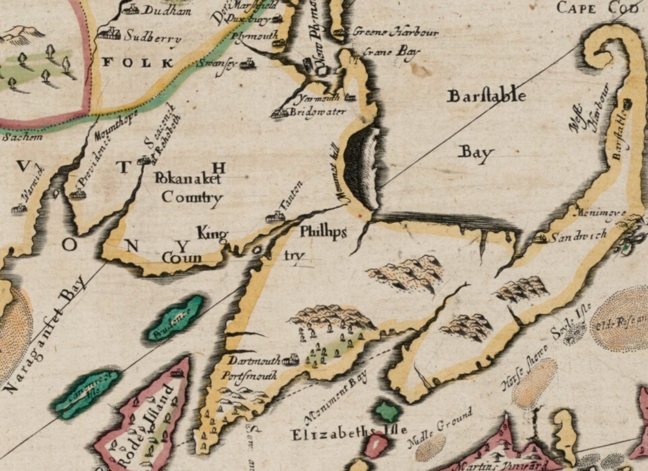 John Seller’s 1675 “Mapp of New England”: notice “Pokanaket Country” and “King Philhps Country”