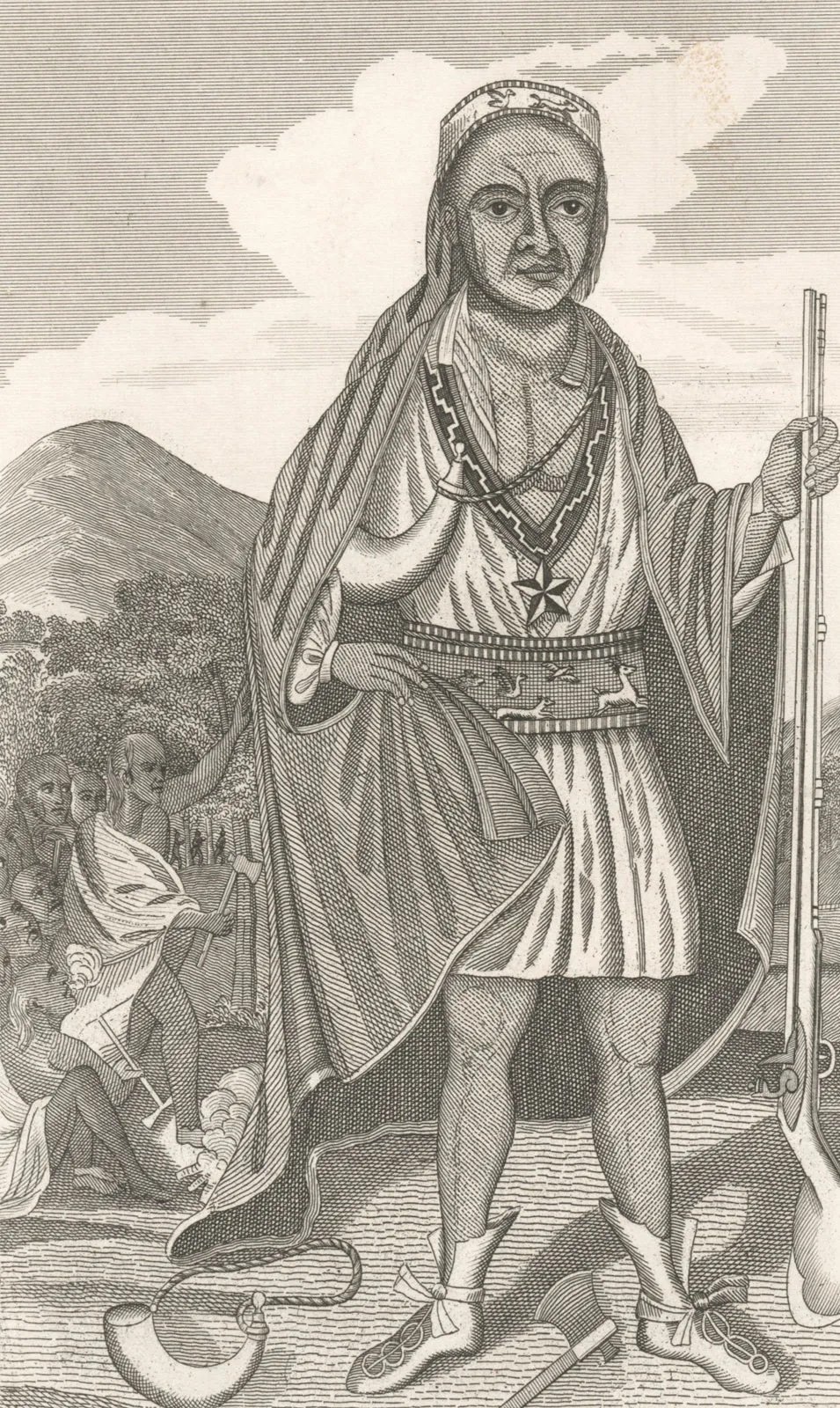 A romanticized depiction of Metacom, in front of Potumtuk or Mt. Hope, from a 19th-century engraving by Benson John Lossing