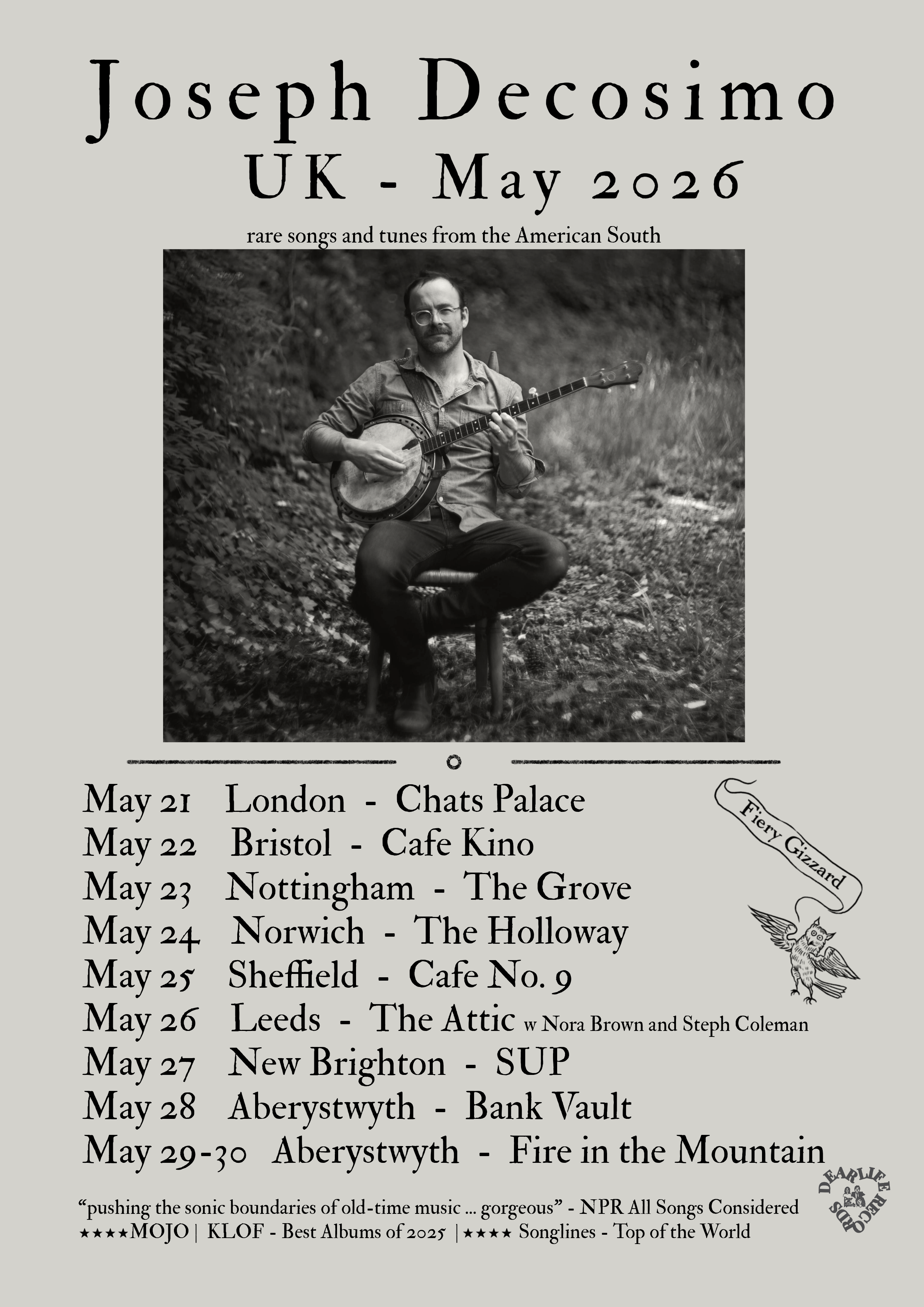Music tour poster: Joseph Decosimo holds a banjo, list of dates for a UK tour in May 2026
