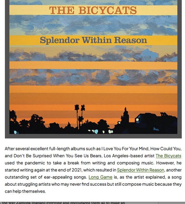Just a sampling of the latest PR for Splendor Within Reason, mostly for the track &quot;Long Game.&quot;

#albumreviews #newmusic #thebicycats