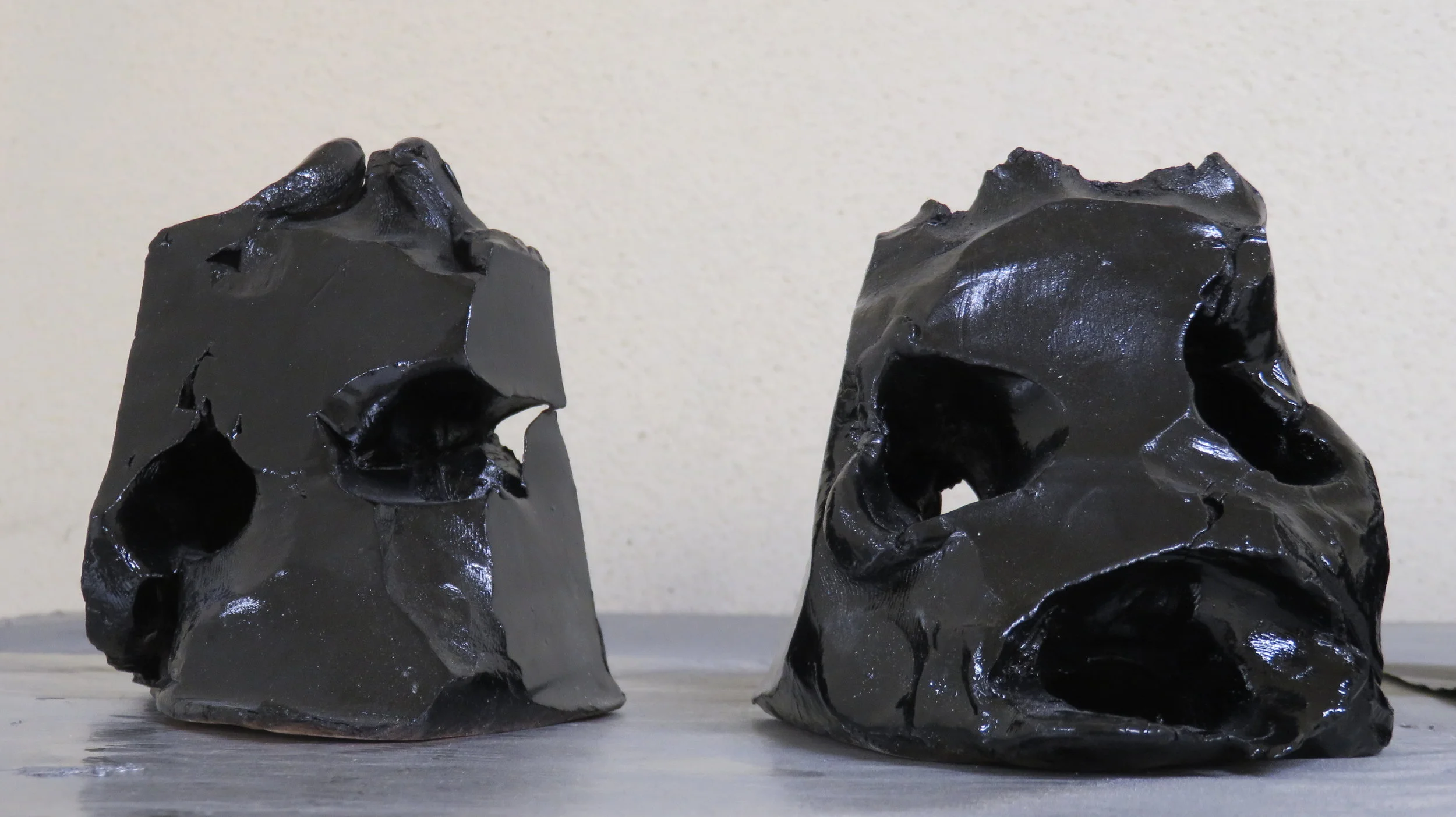    Future Objects (Two-Faced),   enamel on earthenware, two units, each approx. 3 x 3 x 4 inches, 2019 