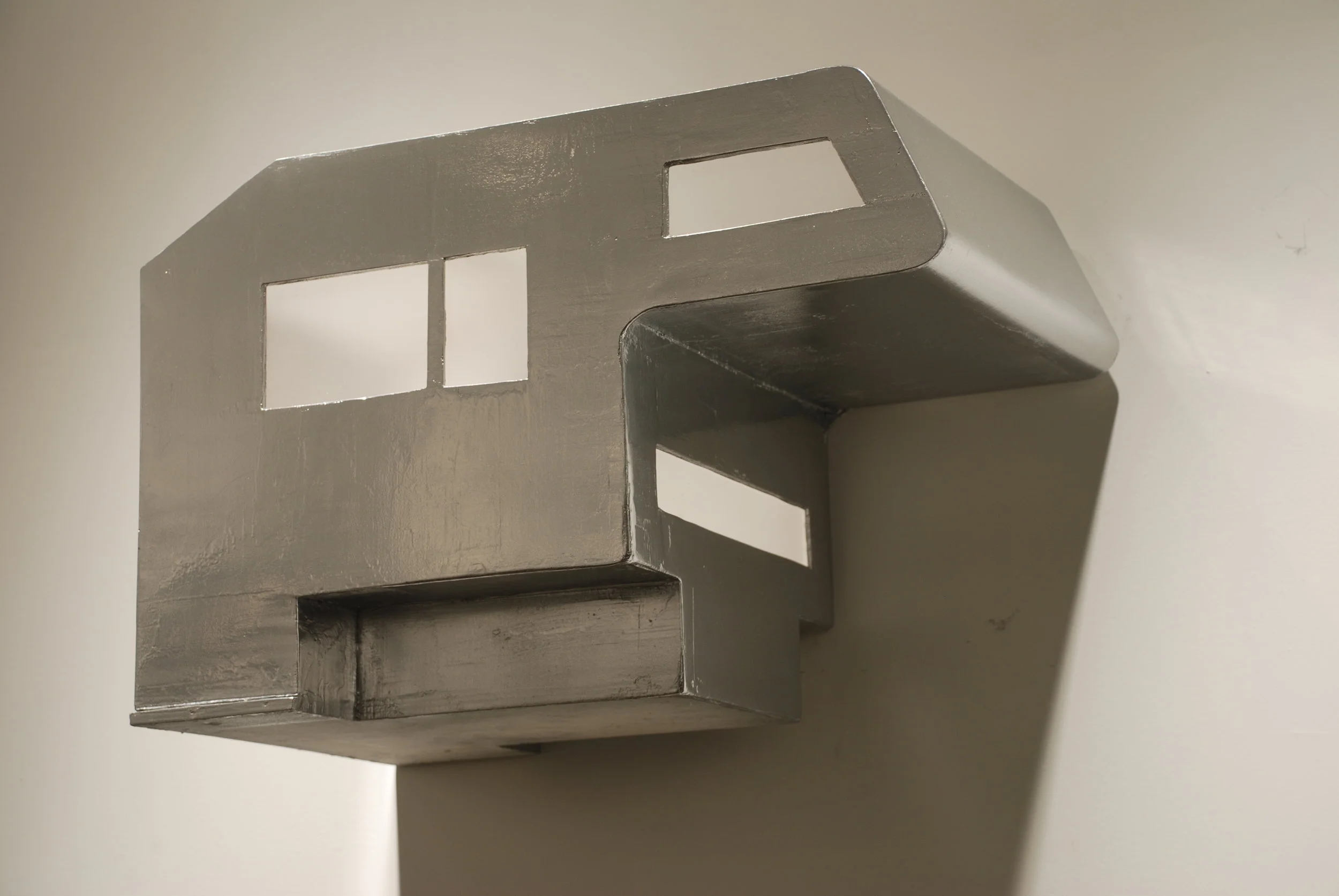    Camper(Pod) ,  acrylic, enamel, modeling paste, and marble dust on wood and Plexiglas, 12 x 13 x 21 inches, 2016 