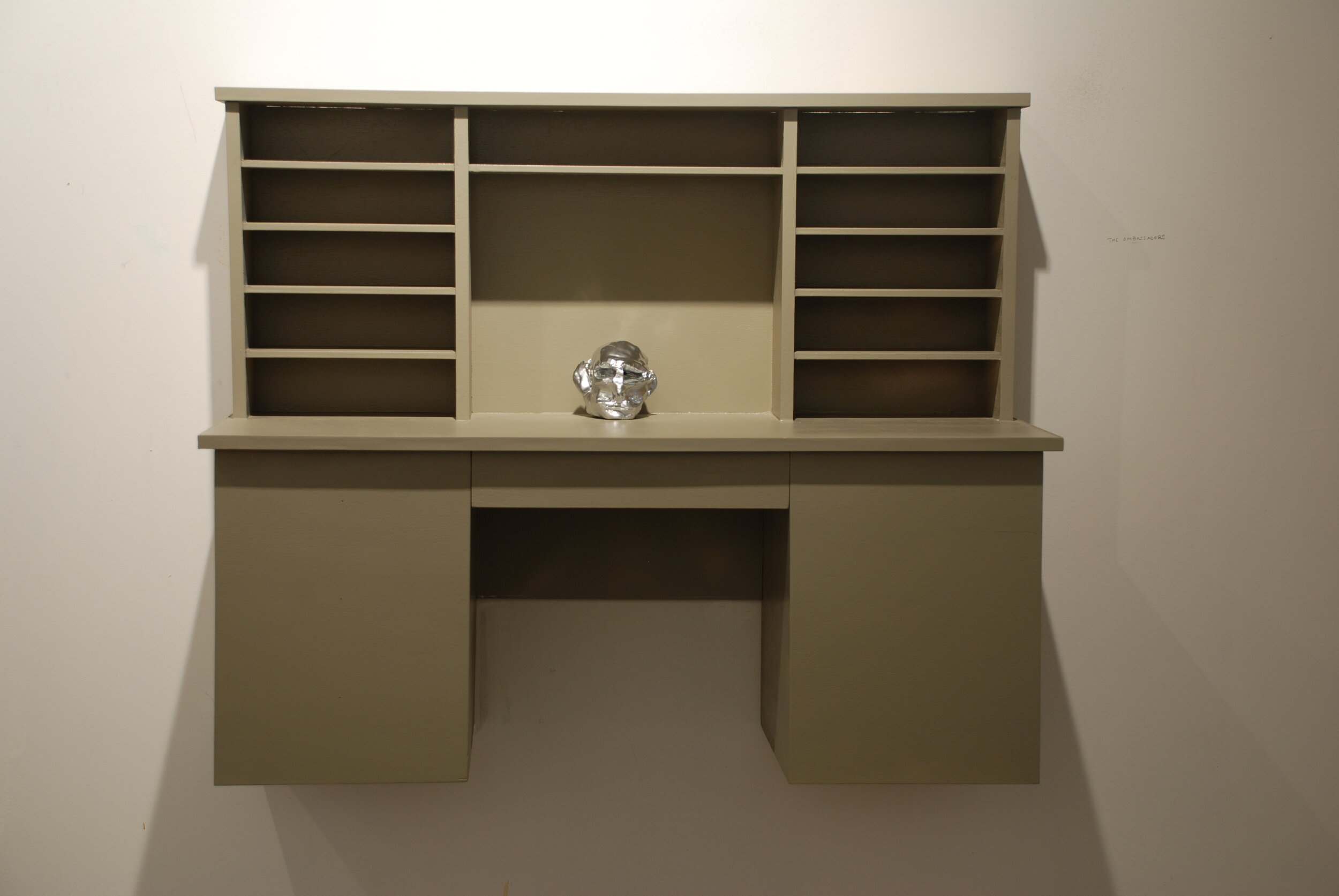    Desk with Head  , Acrylic and enamel on wood, with porcelain painted with enamel, 30 x 25 x 12 inches, 2016-18 