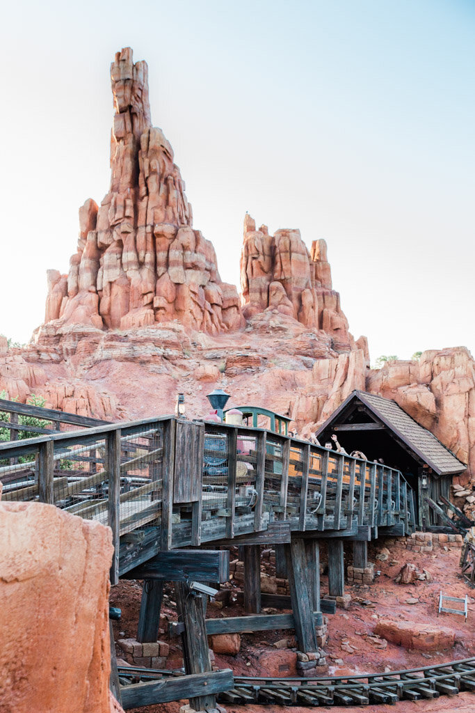 Picture of the rock formations and train from Big Thunder Mountain Railroad ride at Magic Kingdom in Disney World.
