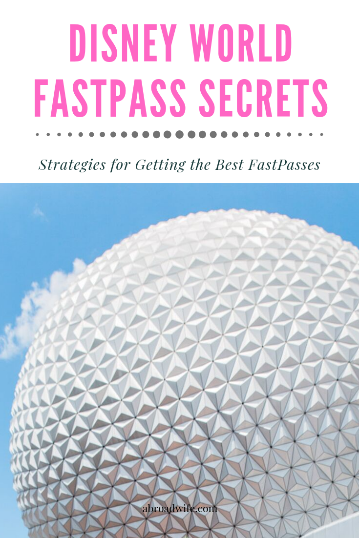 Picture of Epcot ball from Disney World with text overlay “Disney World FastPass Secrets”