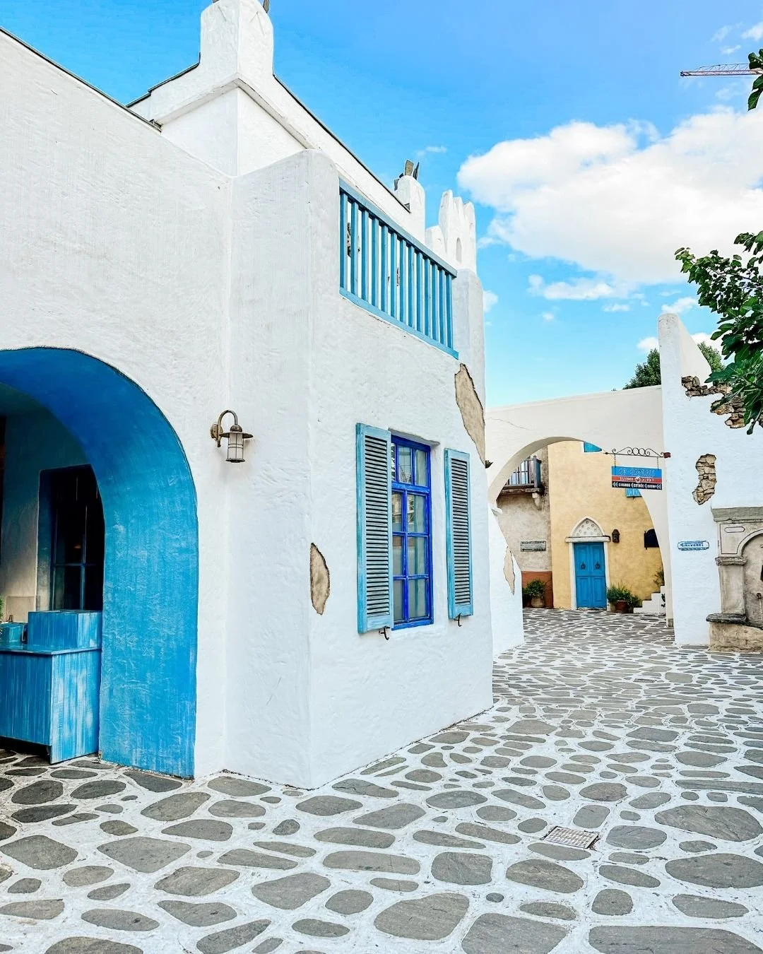 Blue and white Greek looking buildings in the Greece section of Europa Park, Germany
