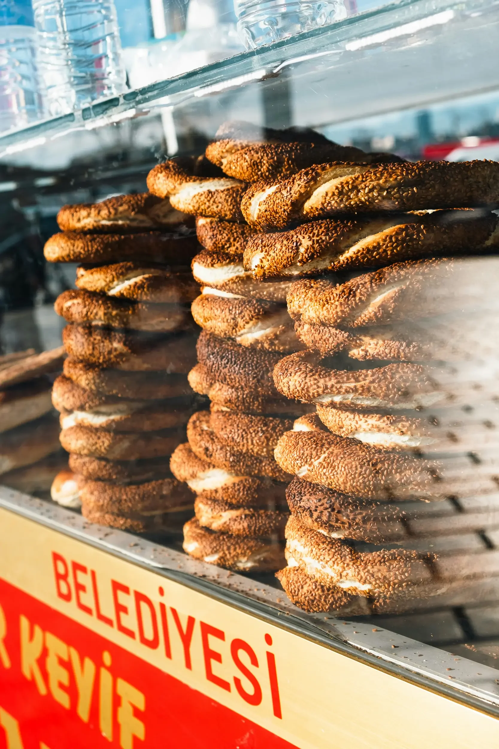 Stacks of simit in a simit cart in Istanbul, Türkiye