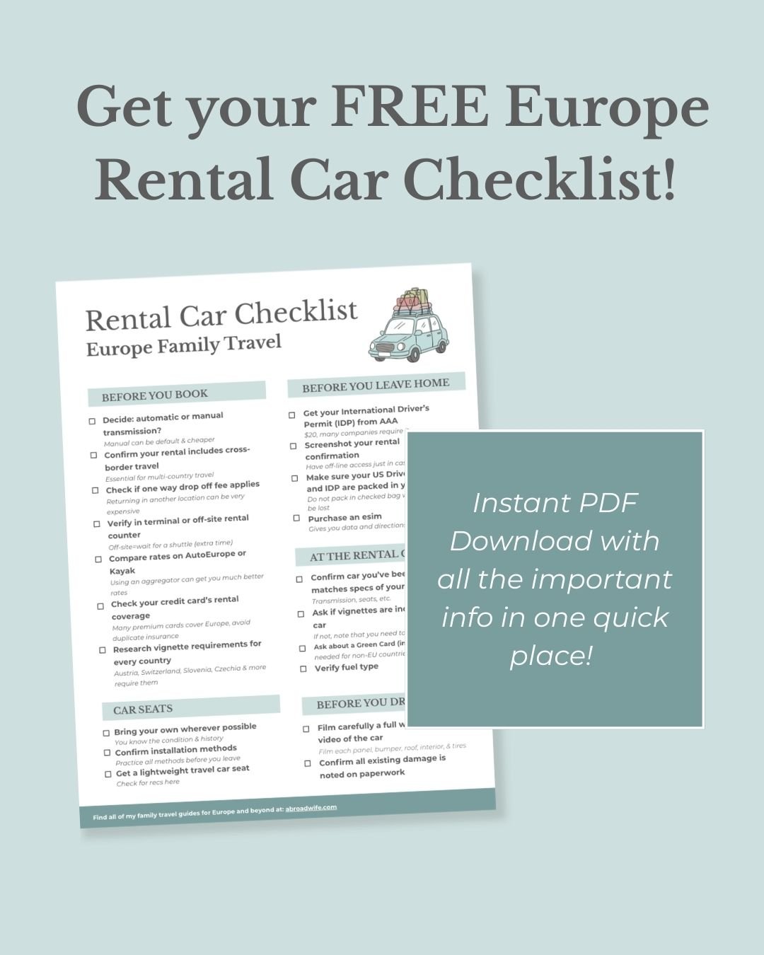 Graphic showing a free checklist for download about everything you need to consider and do when renting a car in Europe