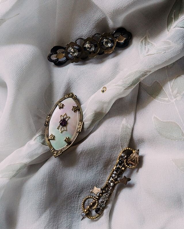Antique brooches. Perfect for adorning rolled white tees, berets or jacket lapels. Available in the shop now - saintsignora.com 
_______//
*Side note: we are working hard to get packages out the door. Our shop pup has had us a bit preoccupied, but we