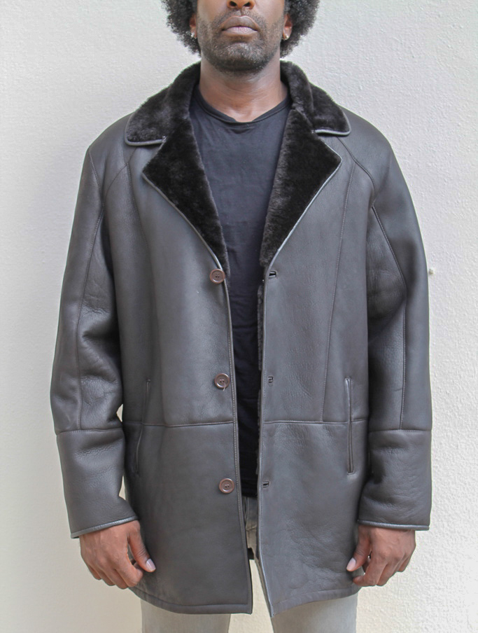Leather Overcoat with Shearling Trim 