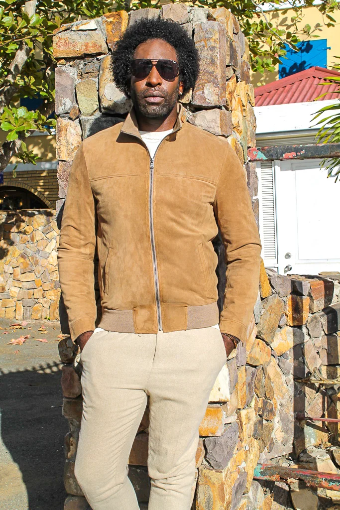 Camel Short Suede Bomber Jacket 