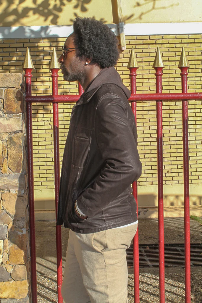 Dark Brown Leather Jacket with Hooded Sweater Trim 