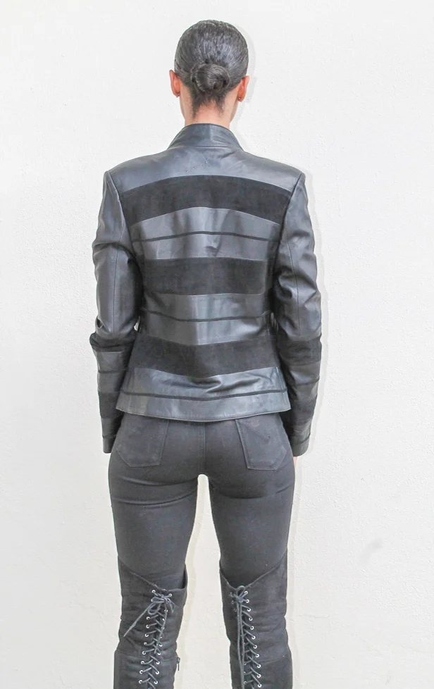 Leather Jacket with Suede Stripped Detail 