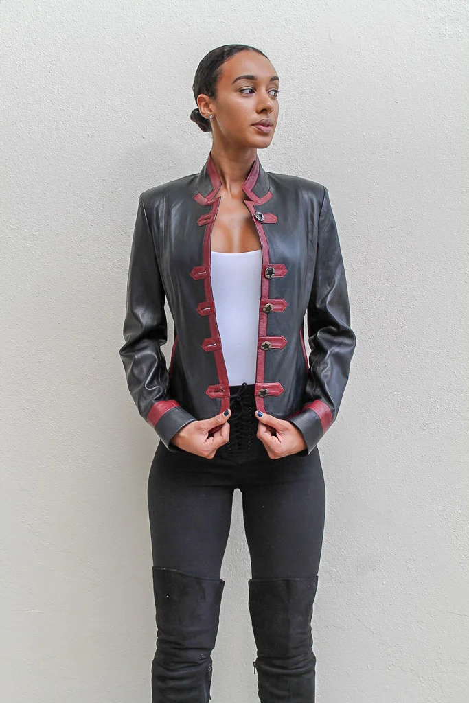 Black Leather Military Jacket with Red Detailing 