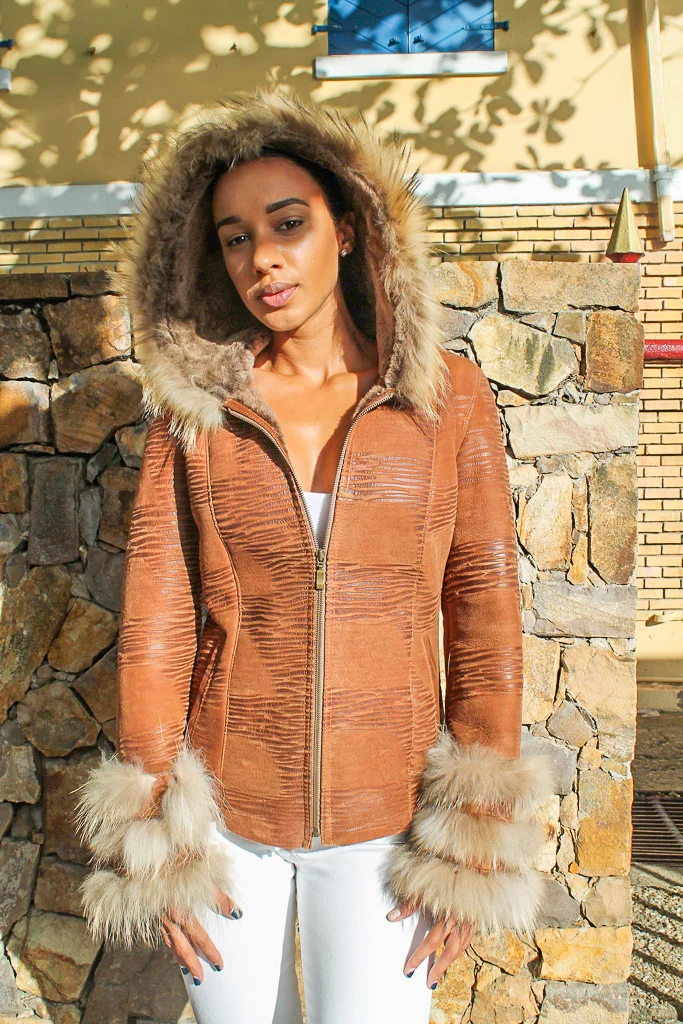 Brown Textured Suede with Fur Trim 