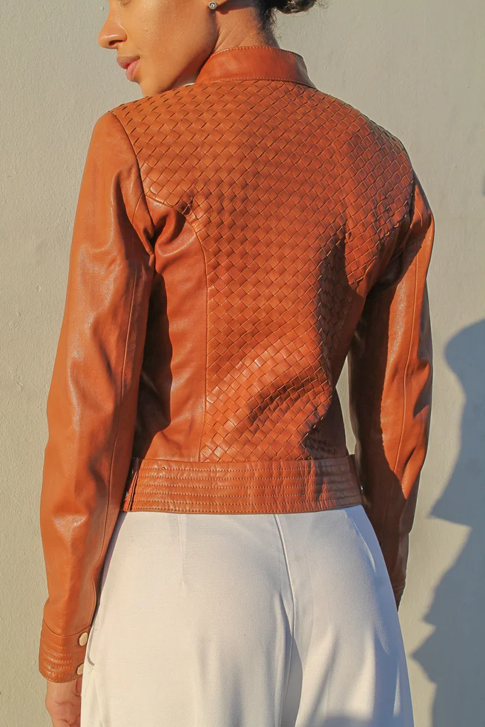 Camel Weaved Leather Jacket 