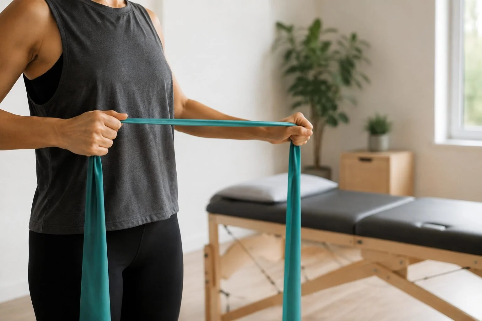 Person using a resistance band during a physiotherapy exercise.
