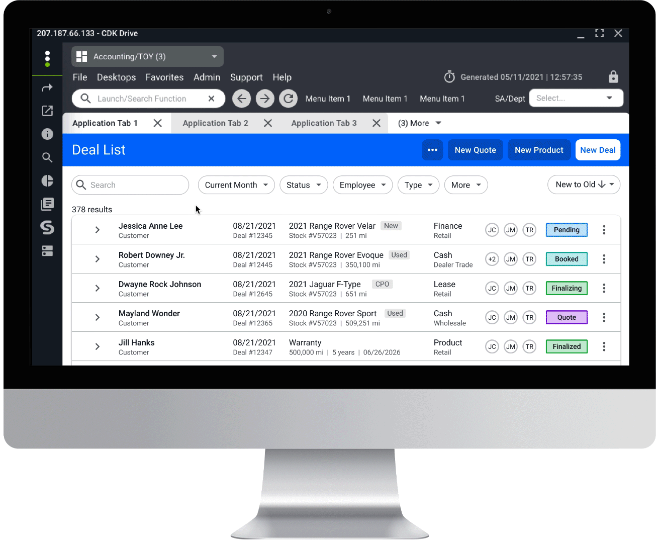 Deal List Demo showing customer names and purchase vehicles.