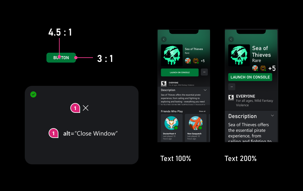 color contrast, alt text, and scaling screen