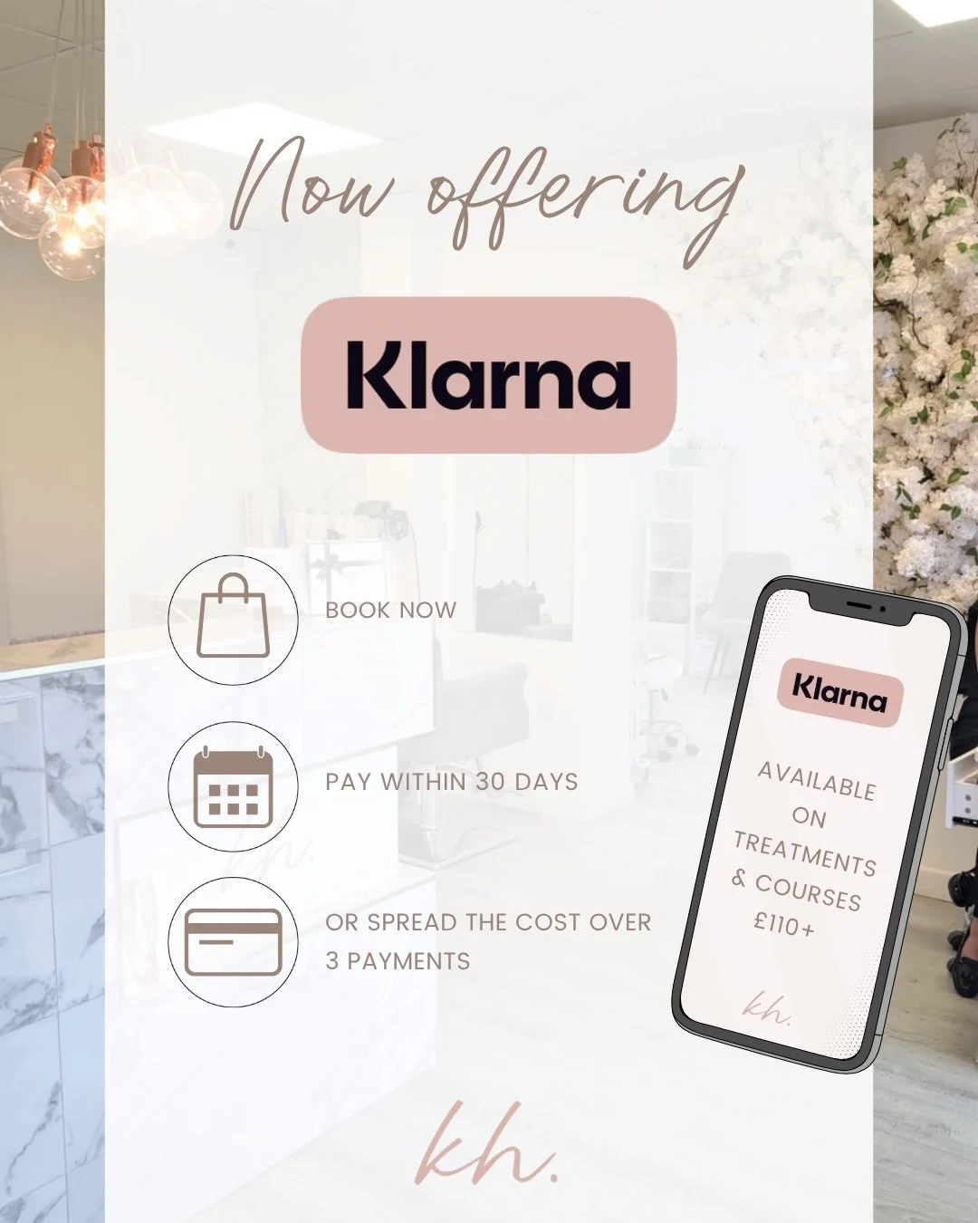 We now offer Klarna, so you can spread the cost of your treatments and courses with ease.

Perfect for investing in results-driven treatments like laser hair removal, advanced facials &amp; massage courses ✨

✔ Available on all services &pound;110+
✔
