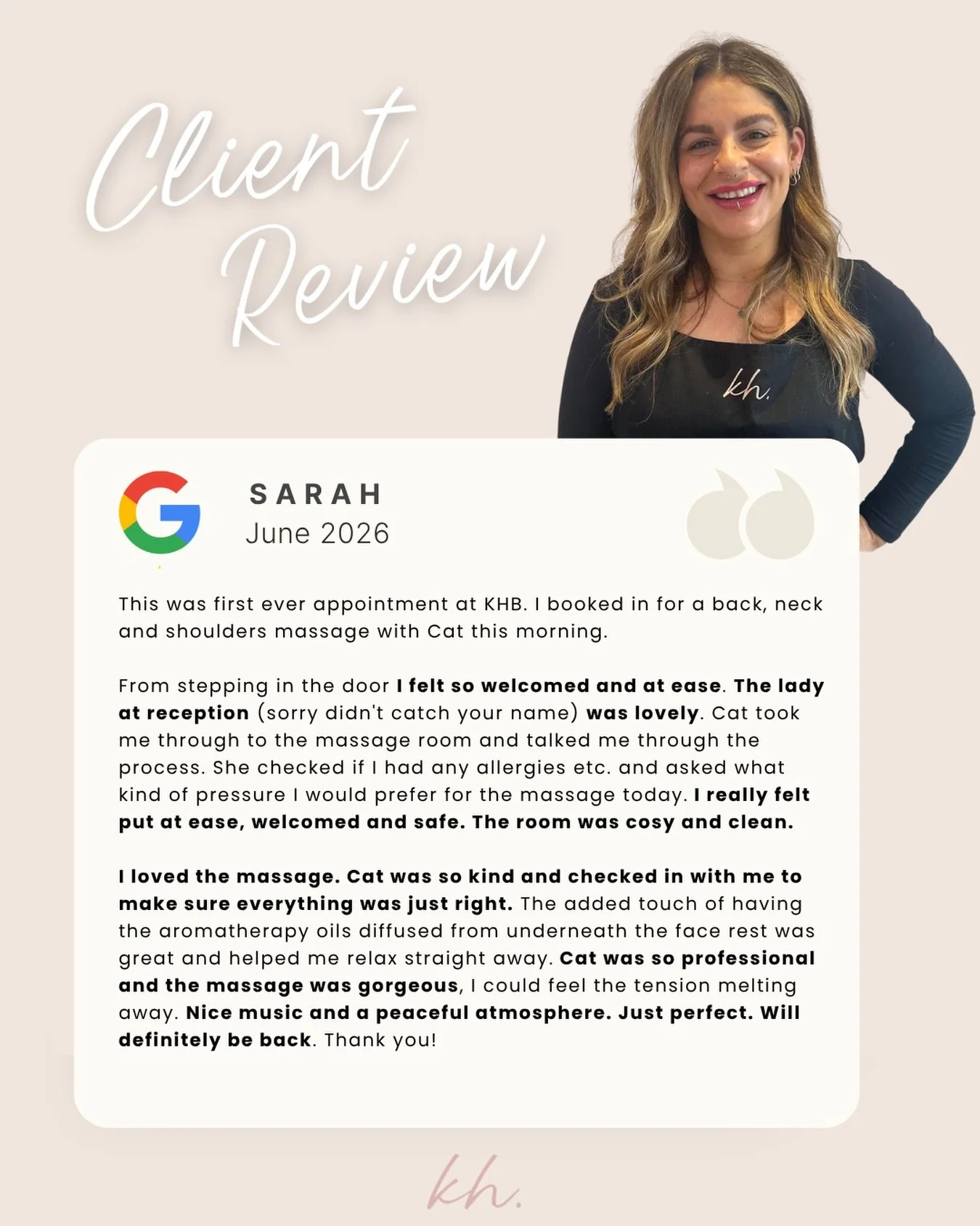 ✨ Reviews like this mean everything to us.

At Kirsty Hamilton Beauty, our goal is for every client to feel welcomed, comfortable and cared for from the moment they walk through the door. Reading that Sarah felt safe, relaxed and looked after through