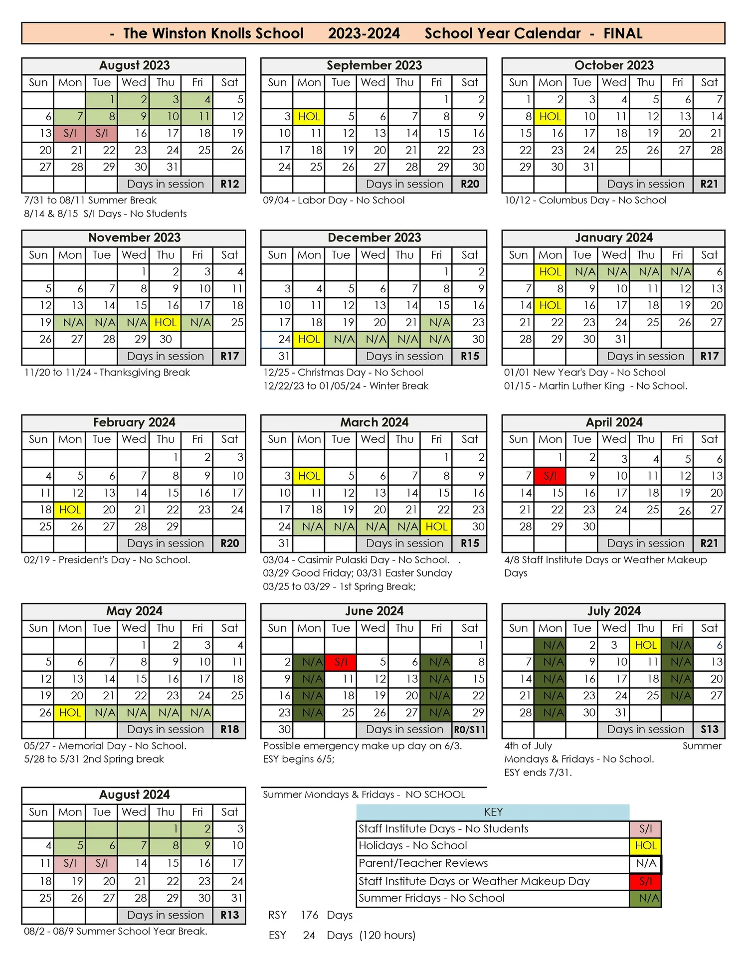20232024 School Year Calendar — The Winston Knolls School