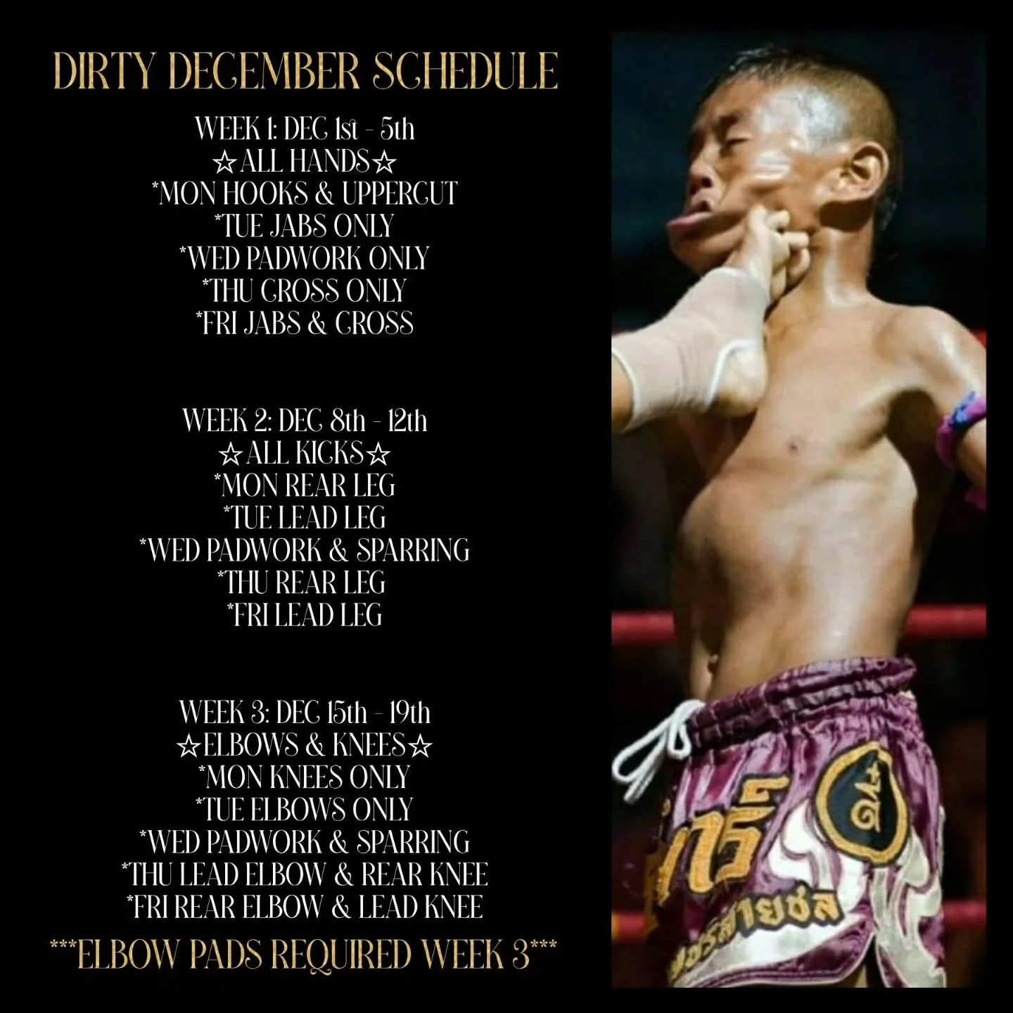 DIRTY DECEMBER!
We are halfway through Dirty December! Just a reminder ELBOW PADS are required all next week! Please do not show up without them. We don't like to teach AIR-BOWs, we want you training with contact so bring the proper gear required for